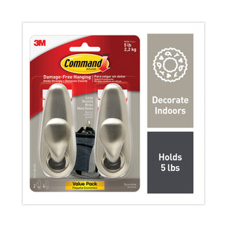 Command™ Adhesive Mount Metal Hook, Large, Brushed Nickel Finish, 2 Hooks and 4 Strips/Pack (MMMFC13BN2ES)
