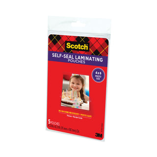 Scotch® Self-Sealing Laminating Pouches, 9.5 mil, 4.38" x 6.38", Gloss Clear, 5/Pack (MMMPL900G)