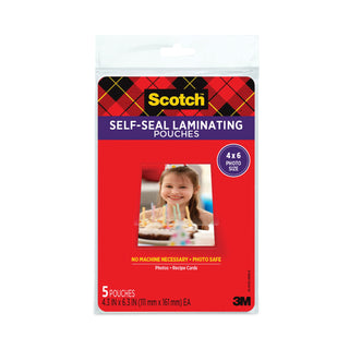 Scotch® Self-Sealing Laminating Pouches, 9.5 mil, 4.38" x 6.38", Gloss Clear, 5/Pack (MMMPL900G)