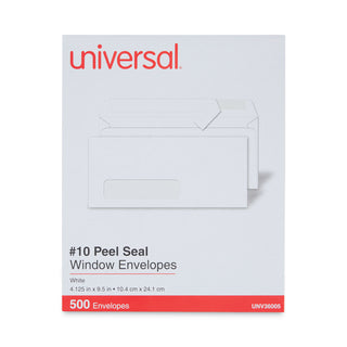 Universal® Peel Seal Strip Business Envelope, Address Window, #10, Square Flap, Self-Adhesive Closure, 4.13 x 9.5, White, 500/Box (UNV36005)