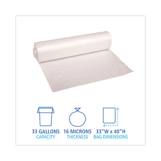 Boardwalk® High Density Industrial Can Liners Coreless Rolls, 33 gal, 16 mic, 33 x 40, Natural, 25 Bags/Roll, 10 Rolls/Carton (BWKRH3340S)