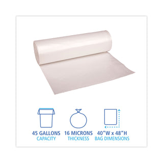 Boardwalk® High Density Industrial Can Liners Coreless Rolls, 45 gal, 16 mic, 40 x 48, Natural, 25 Bags/Roll, 10 Rolls/Carton (BWKRH4048S)