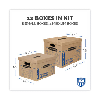 Bankers Box® SmoothMove Classic Moving/Storage Box Kit, Half Slotted Container (HSC), Assorted Sizes: (8) Small, (4) Med, Brown/Blue,12/CT (FEL7716401)