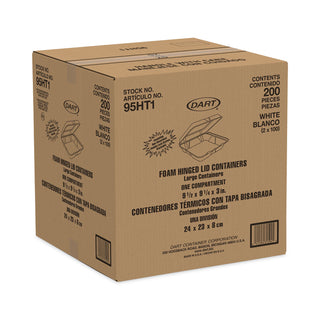 Dart® 95HT1 White Foam Hinged Carry Out Containers, 9 1/2&quot; x 9 1/2&quot; x 3&quot; (DCC95HT1)