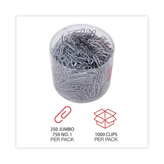 Universal® Plastic-Coated Paper Clips with One-Compartment Storage Tub, (750) #1 (1.3"), (250) Jumbo (2"), Silver (UNV21001)