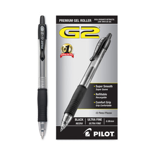 Pilot® G2 Premium Retractable Gel Pen, 0.38mm, Black Ink, Clear/Black Barrel, Dozen (PIL31277)