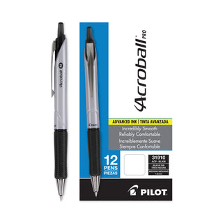 Pilot® Acroball Pro Retractable Ballpoint Pen, 1mm, Black Ink, Silver Barrel, Dozen (PIL31910DZ)