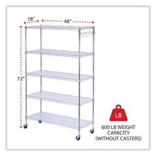Alera® 5-Shelf Wire Shelving Kit with Casters and Shelf Liners, 48w x 18d x 72h, Silver (ALESW654818SR)