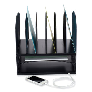 Safco® Powered Onyx Desk Organizer w/2 Horizontal and 6 Upright Sections, Letter, 13.5 x 11.5 x 13, Black,Ships in 1-3 Business Days (SAF3233BL)