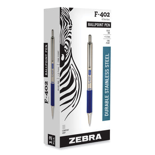 Zebra® F-402 Retractable Ballpoint Pen, 0.7mm, Blue Ink, Stainless Steel/Blue Barrel (ZEB29220)