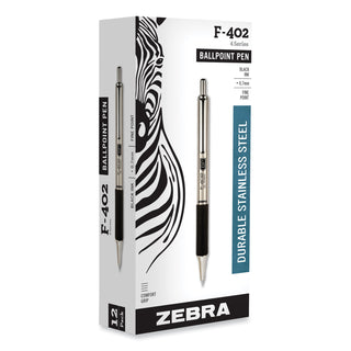 Zebra® F-402 Retractable Ballpoint Pen, 0.7mm, Black Ink, Stainless Steel/Black Barrel (ZEB29210)