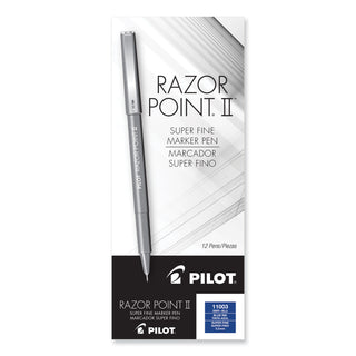 Pilot® Razor Point II Stick Porous Point Marker Pen, 0.2mm, Blue Ink/Barrel, Dozen (PIL11003)