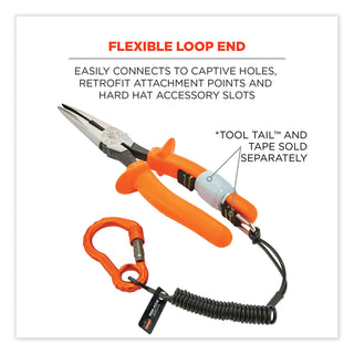 ergodyne® Squids 3156 Coiled Tool Lanyard with Carabiner, 2 lb Max Work Capacity, 12" to 48", Black/Orange (EGO19161)