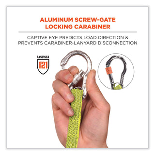 ergodyne® Squids 3100 Lanyard w/Aluminum Carabiner + Cinch-Loop, 10 lb Max Work Capacity, 35" to 45", Lime (EGO19003) (150-19003)