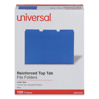 Universal® Reinforced Top-Tab File Folders, 1/3-Cut Tabs: Assorted, Letter Size, 1" Expansion, Blue, 100/Box (UNV16161)