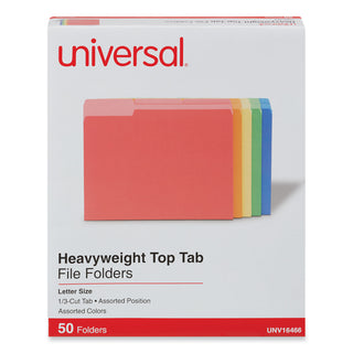 Universal® Deluxe Heavyweight File Folders, 1/3-Cut Tabs: Assorted, Letter Size, 0.75" Expansion, Assorted Colors, 50/Box (UNV16466)