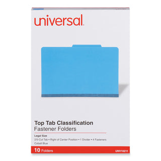 Universal® Bright Colored Pressboard Classification Folders, 2" Expansion, 1 Divider, 4 Fasteners, Legal Size, Cobalt Blue, 10/Box (UNV10211)