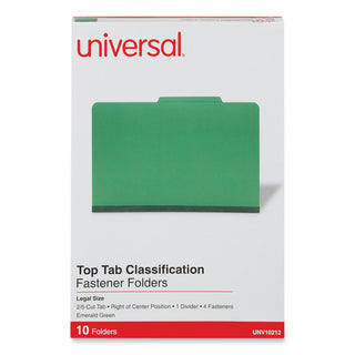 Universal® Bright Colored Pressboard Classification Folders, 2" Expansion, 1 Divider, 4 Fasteners, Legal Size, Emerald Green, 10/Box (UNV10212)