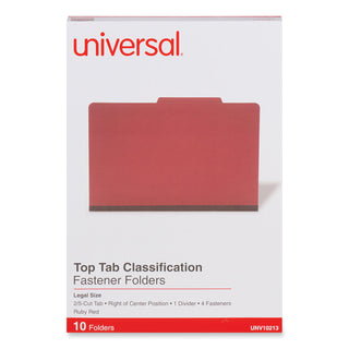 Universal® Bright Colored Pressboard Classification Folders, 2" Expansion, 1 Divider, 4 Fasteners, Legal Size, Ruby Red Exterior, 10/Box (UNV10213)