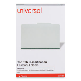Universal® Six-Section Pressboard Classification Folders, 2" Expansion, 2 Dividers, 6 Fasteners, Legal Size, Gray Exterior, 10/Box (UNV10282)