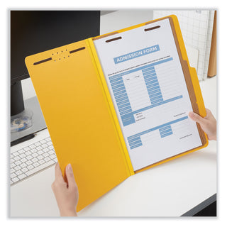 Universal® Bright Colored Pressboard Classification Folders, 2" Expansion, 2 Dividers, 6 Fasteners, Legal Size, Yellow Exterior, 10/Box (UNV10314)