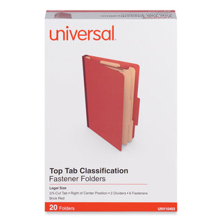 Universal® Six-Section Classification Folders, Heavy-Duty Pressboard Cover, 2 Dividers, 6 Fasteners, Legal Size, Brick Red, 20/Box (UNV10403)