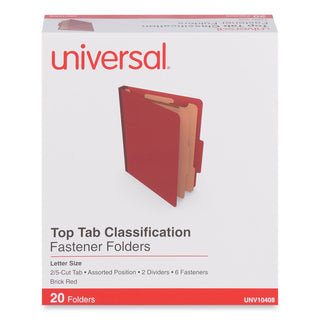 Universal® Six-Section Classification Folders, Heavy-Duty Pressboard Cover, 2 Dividers, 6 Fasteners, Letter Size, Brick Red, 20/Box (UNV10408)