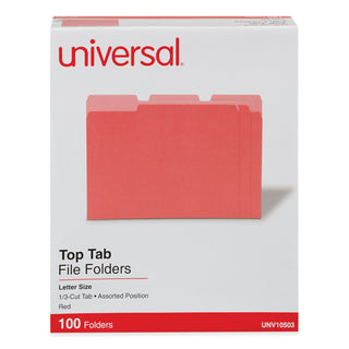 Universal® Deluxe Colored Top Tab File Folders, 1/3-Cut Tabs: Assorted, Letter Size, Red/Light Red, 100/Box (UNV10503)