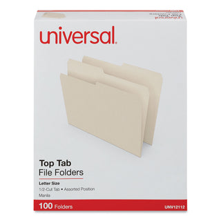 Universal® Top Tab File Folders, 1/2-Cut Tabs: Assorted, Letter Size, 0.75" Expansion, Manila, 100/Box (UNV12112)