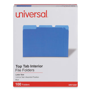 Universal® Interior File Folders, 1/3-Cut Tabs: Assorted, Letter Size, 11-pt Stock, Blue, 100/Box (UNV12301)