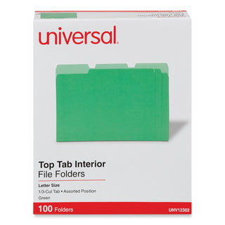 Universal® Interior File Folders, 1/3-Cut Tabs: Assorted, Letter Size, 11-pt Stock, Green, 100/Box (UNV12302)