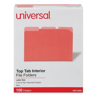 Universal® Interior File Folders, 1/3-Cut Tabs: Assorted, Letter Size, 11-pt Stock, Red, 100/Box (UNV12303)