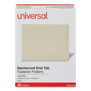 Universal® Reinforced End Tab Fastener Folders, 0.75" Expansion, 2 Fasteners, Letter Size, Manila Exterior, 50/Box (UNV13120)