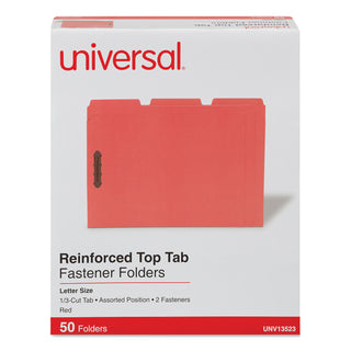 Universal® Deluxe Reinforced Top Tab Fastener Folders, 0.75" Expansion, 2 Fasteners, Letter Size, Red Exterior, 50/Box (UNV13523)