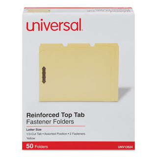Universal® Deluxe Reinforced Top Tab Fastener Folders, 0.75" Expansion, 2 Fasteners, Letter Size, Yellow Exterior, 50/Box (UNV13524)