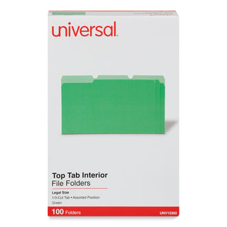 Universal® Interior File Folders, 1/3-Cut Tabs: Assorted, Legal Size, 11-pt Stock, Green, 100/Box (UNV15302)