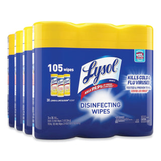 LYSOL® Brand Disinfecting Wipes, 7 x 8, Lemon and Lime Blossom, 35 Wipes/Canister, 3 Canisters/Pack, 4 Packs/Carton (REC82159)