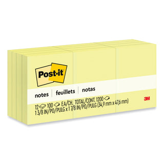 Post-it® Original Pads in Canary Yellow, 1.38" x 1.88", 100 Sheets/Pad, 12 Pads/Pack (MMM653YW)