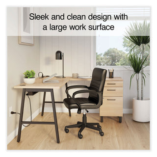 Union & Scale™ Essentials Single-Pedestal L-Shaped Desk with Integrated Power Management, 59.8" x 59.8 x 29.7", Natural Wood/Black (UOS60420CC)