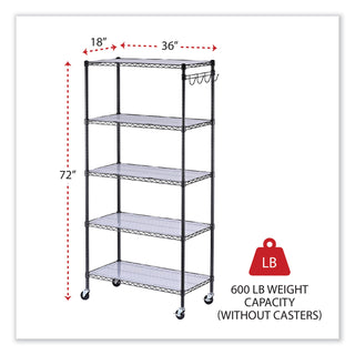 Alera® 5-Shelf Wire Shelving Kit with Casters and Shelf Liners, 36w x 18d x 72h, Black Anthracite (ALESW653618BA)