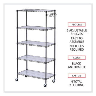 Alera® 5-Shelf Wire Shelving Kit with Casters and Shelf Liners, 36w x 18d x 72h, Black Anthracite (ALESW653618BA)