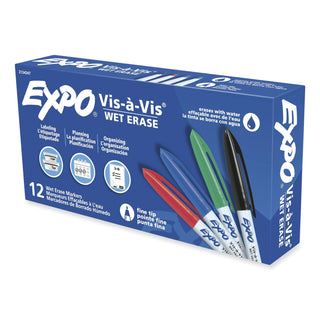EXPO® Vis-A-Vis Wet-Erase Markers, Fine Marker Point, Black, Red, Green, Blue, 12/Dozen (SAN2134347)