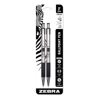 Zebra® F-301 Retractable Ballpoint Pen, 0.7 mm, Black Ink, Stainless Steel/Black Barrel, 2/Pack (ZEB27112)