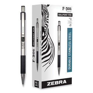 Zebra® F-301 Retractable Ballpoint Pen, 0.7 mm, Black Ink, Stainless Steel/Black Barrel (ZEB27110)
