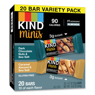 KIND Minis, Dark Chocolate Nuts and Sea Salt/Caramel Almond and Sea Salt, 0.7 oz, 20/Pack (KND27964)