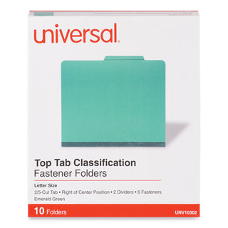 Universal® Bright Colored Pressboard Classification Folders, 2" Expansion, 2 Dividers, 6 Fasteners, Letter Size, Emerald Green, 10/Box (UNV10302)