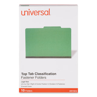 Universal® Bright Colored Pressboard Classification Folders, 2" Expansion, 2 Dividers, 6 Fasteners, Legal Size, Emerald Green, 10/Box (UNV10312)