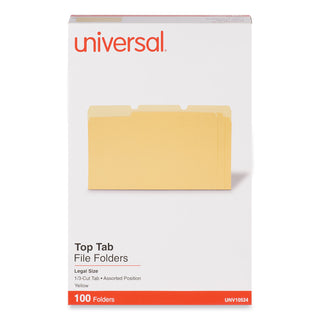 Universal® Deluxe Colored Top Tab File Folders, 1/3-Cut Tabs: Assorted, Legal Size, Yellow/Light Yellow, 100/Box (UNV10524)