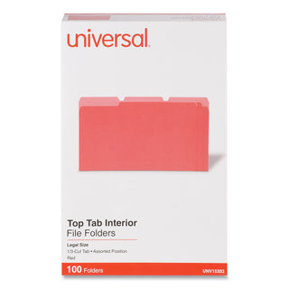 Universal® Interior File Folders, 1/3-Cut Tabs: Assorted, Legal Size, 11-pt Stock, Red, 100/Box (UNV15303)