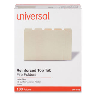 Universal® Double-Ply Top Tab Manila File Folders, 1/5-Cut Tabs: Assorted, Letter Size, 0.75" Expansion, Manila, 100/Box (UNV16115)